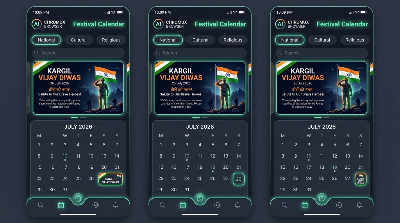 Chromux AI Festival Calendar with Kargil Vijay Diwas greeting card and monthly calendar